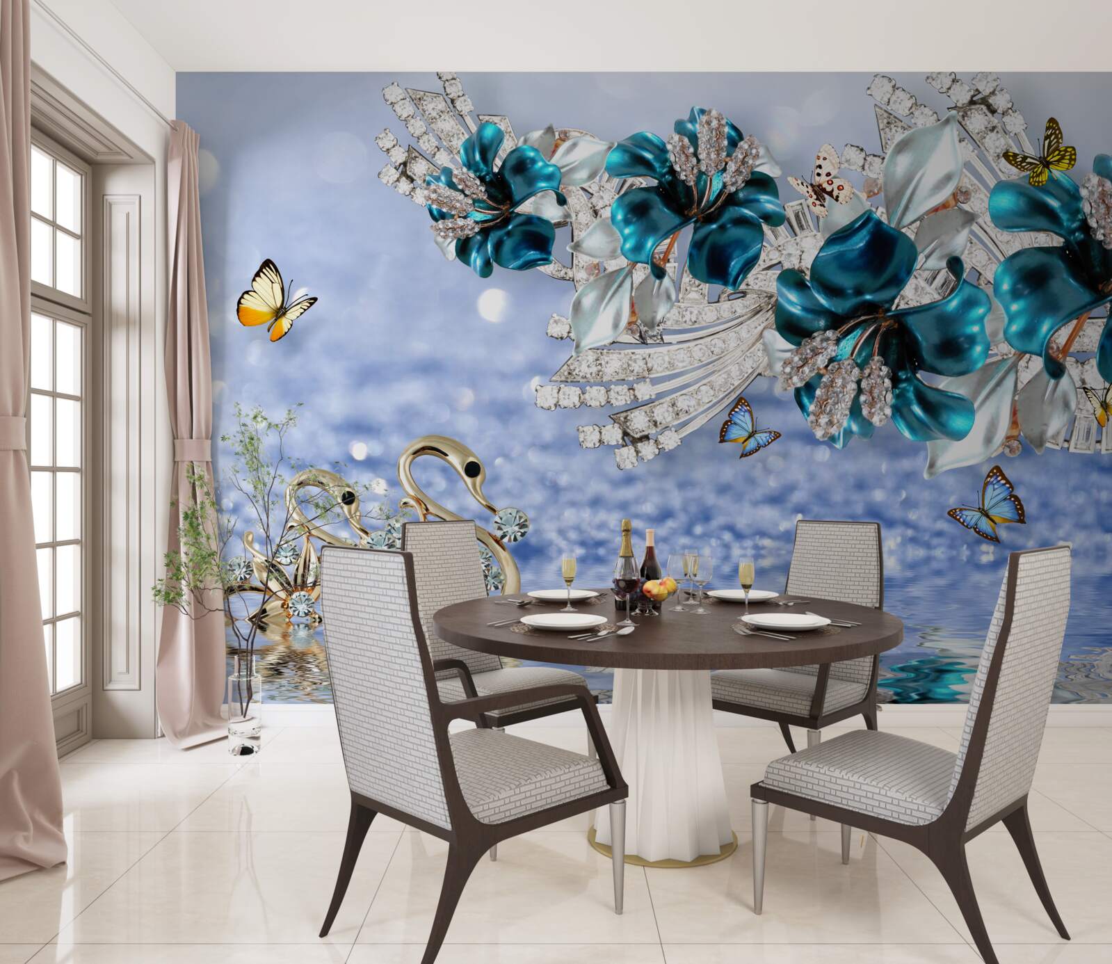 Fototapeta magnólie s krištáľovo modrými kvetmi a motýľmi