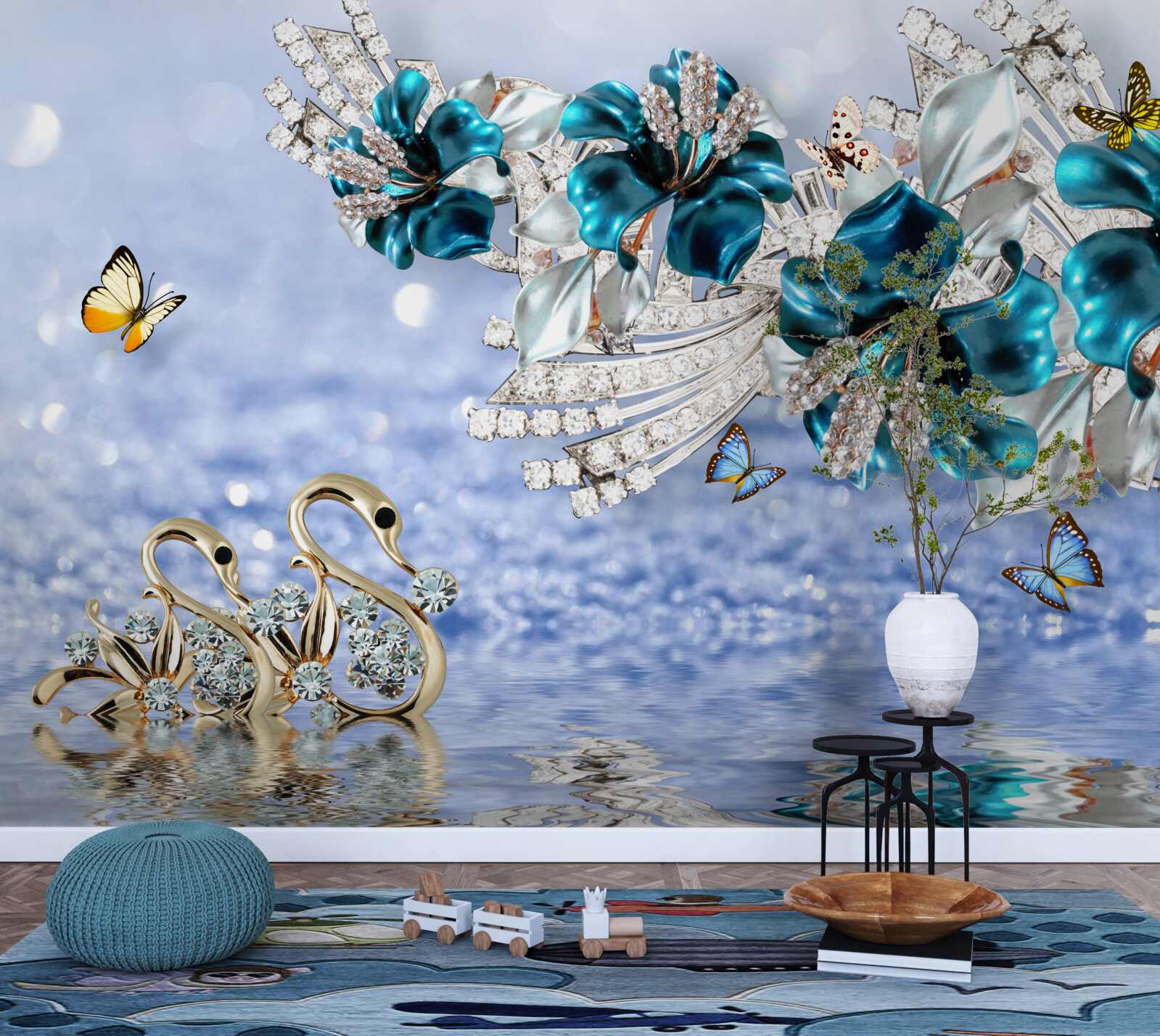 Fototapeta magnólie s krištáľovo modrými kvetmi a motýľmi