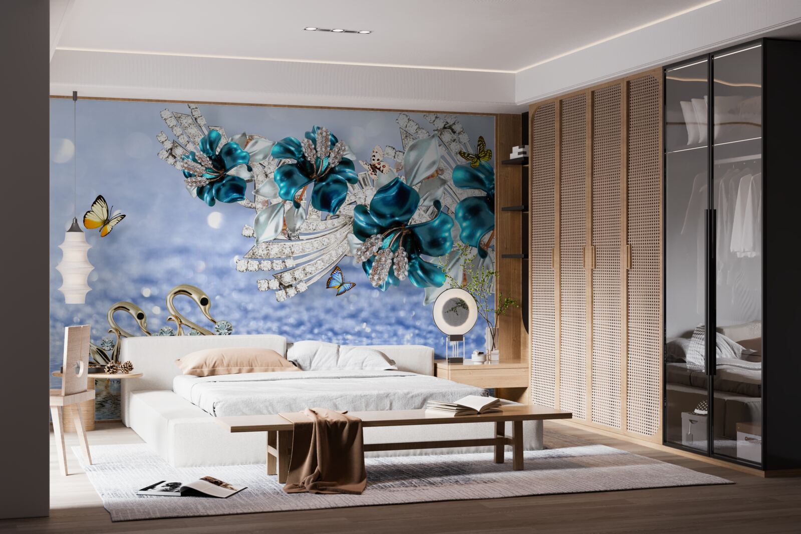 Fototapeta magnólie s krištáľovo modrými kvetmi a motýľmi