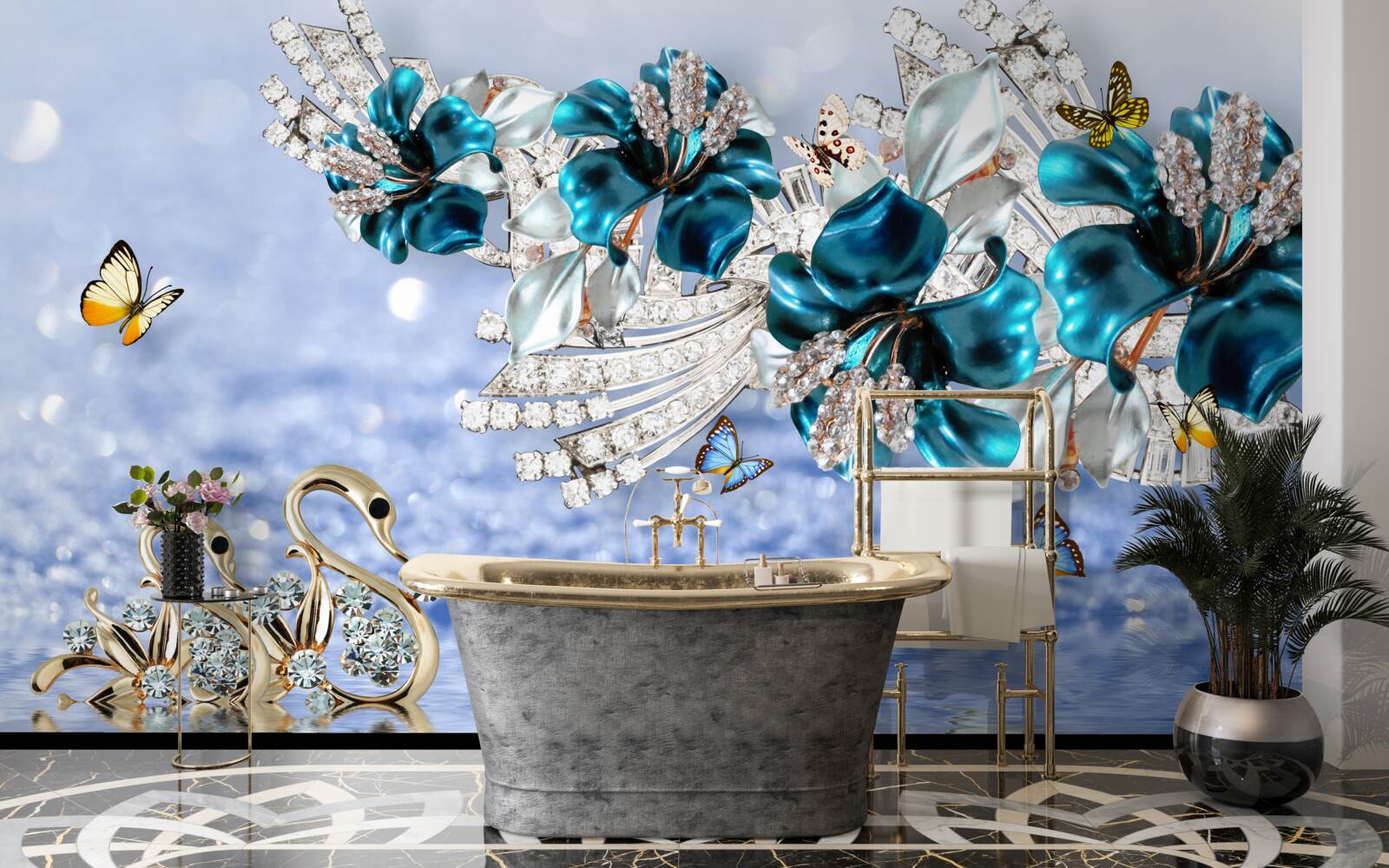 Fototapeta magnólie s krištáľovo modrými kvetmi a motýľmi