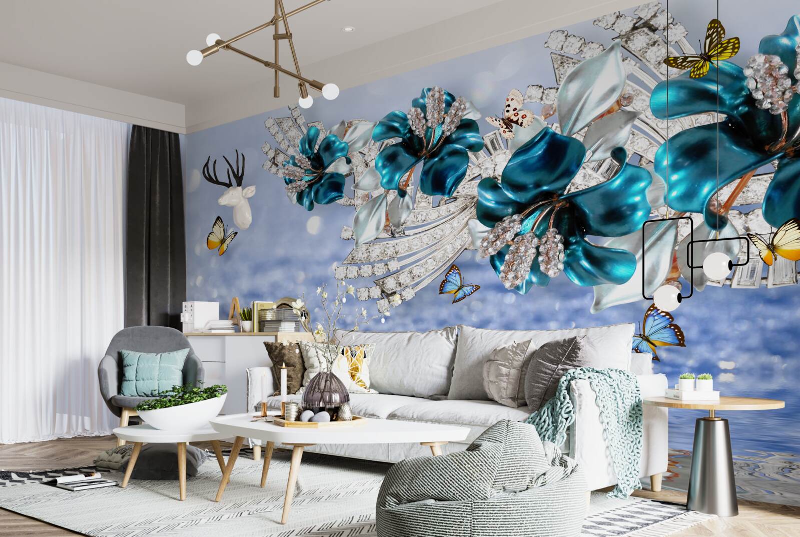 Fototapeta magnólie s krištáľovo modrými kvetmi a motýľmi