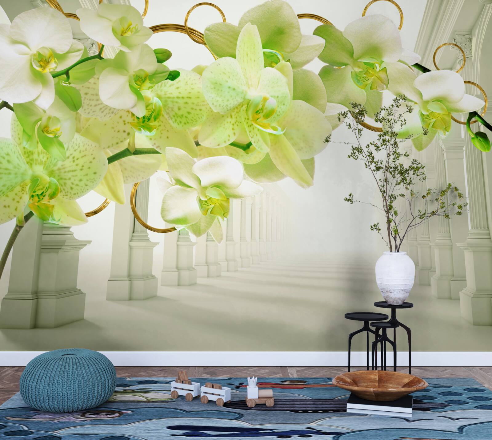 Fototapeta biela a zelená orchidea na pozadí bielych stĺpov