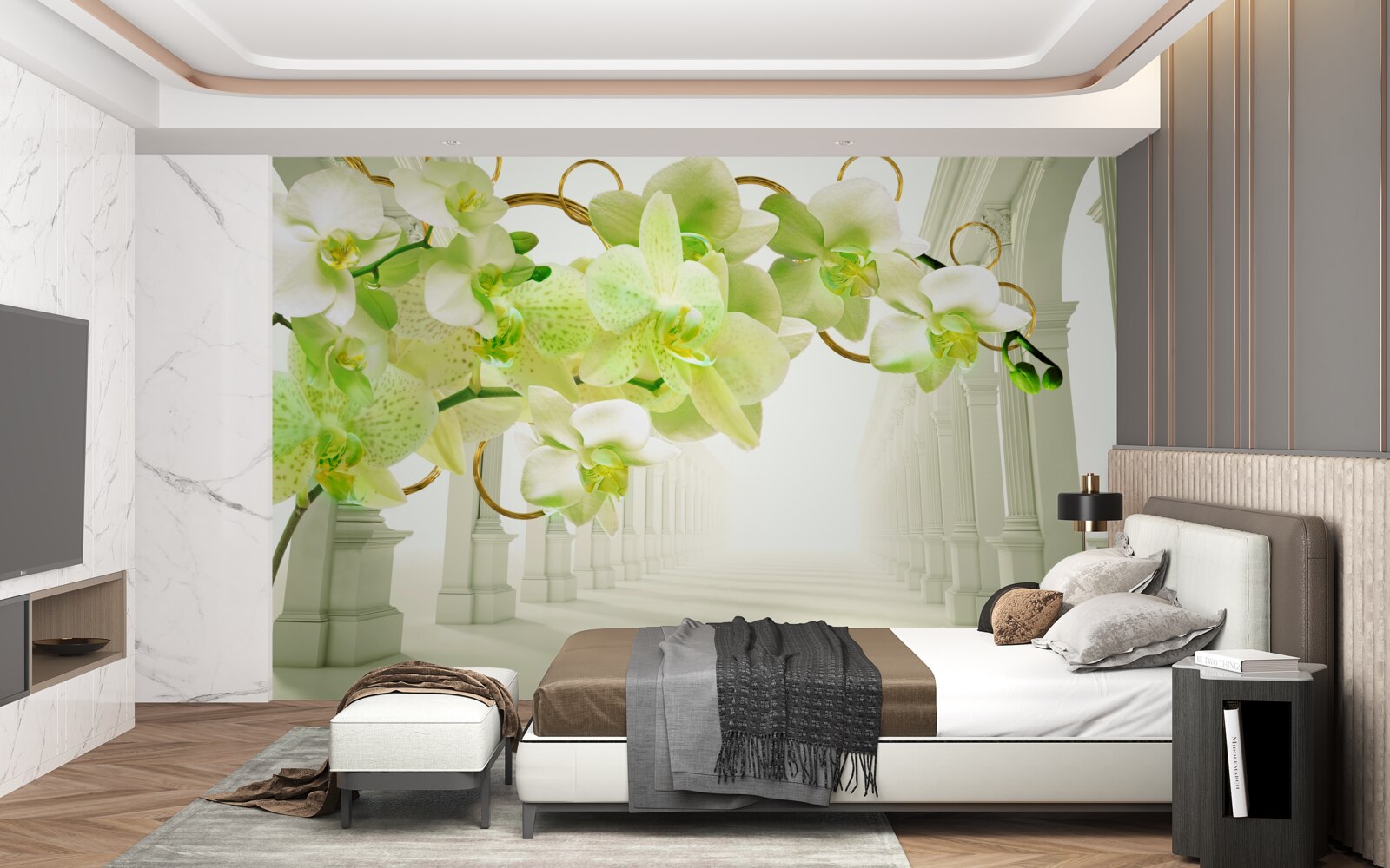 Fototapeta biela a zelená orchidea na pozadí bielych stĺpov