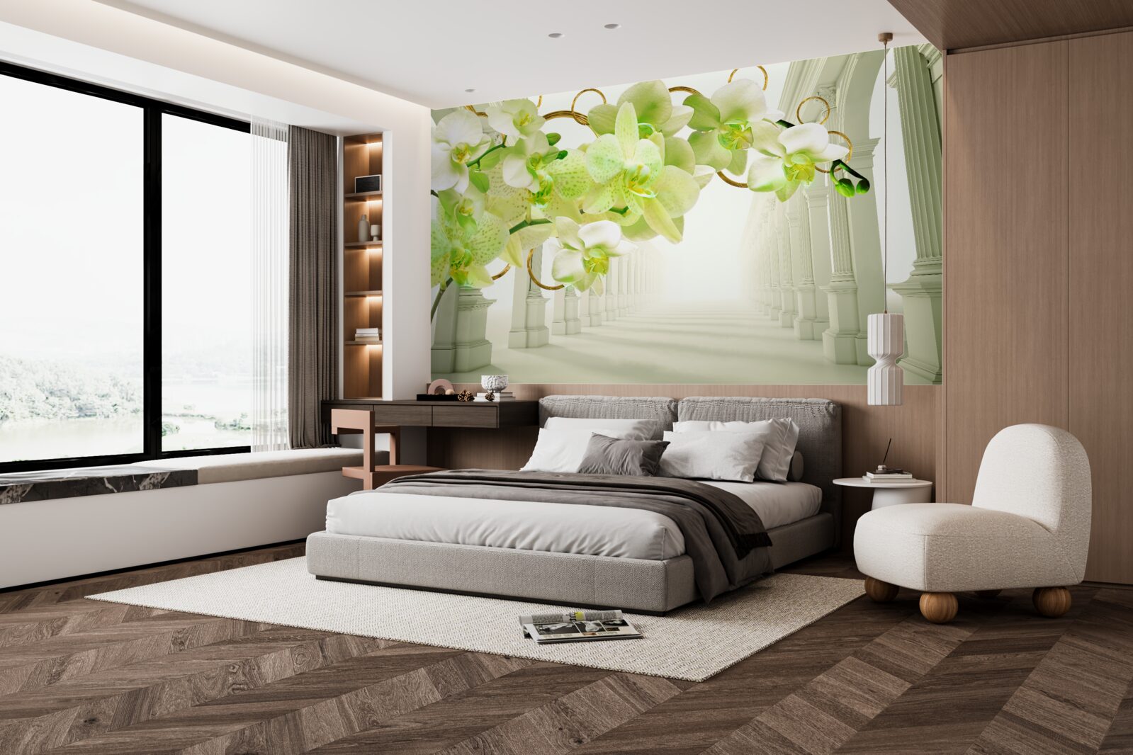 Fototapeta biela a zelená orchidea na pozadí bielych stĺpov