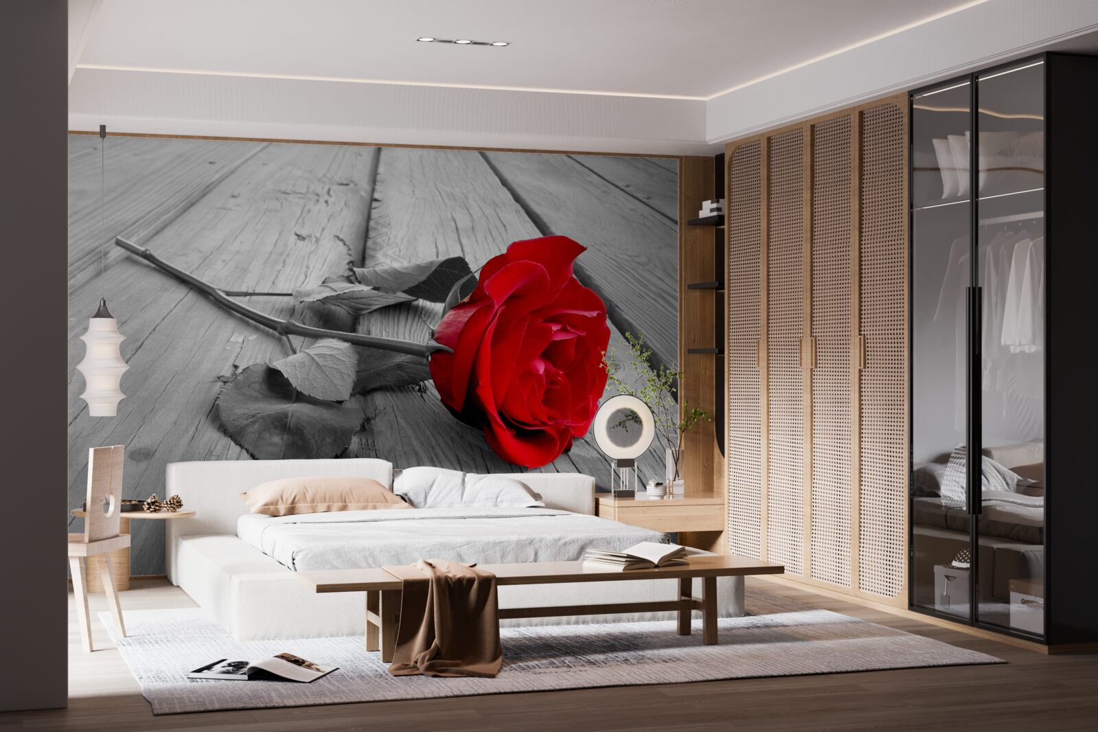 Fototapeta na sivom podklade rozkvitla červená ruža