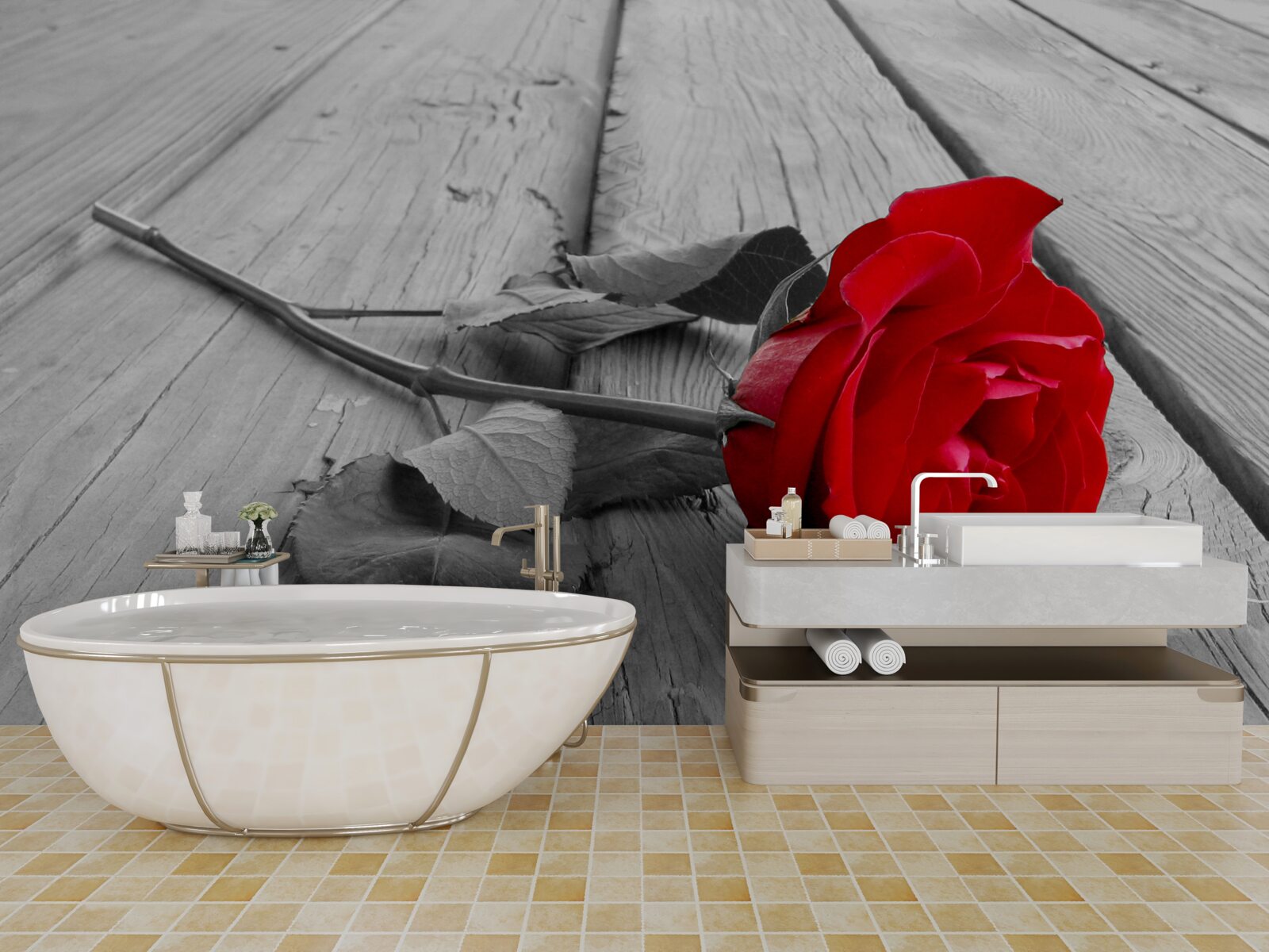 Fototapeta na sivom podklade rozkvitla červená ruža