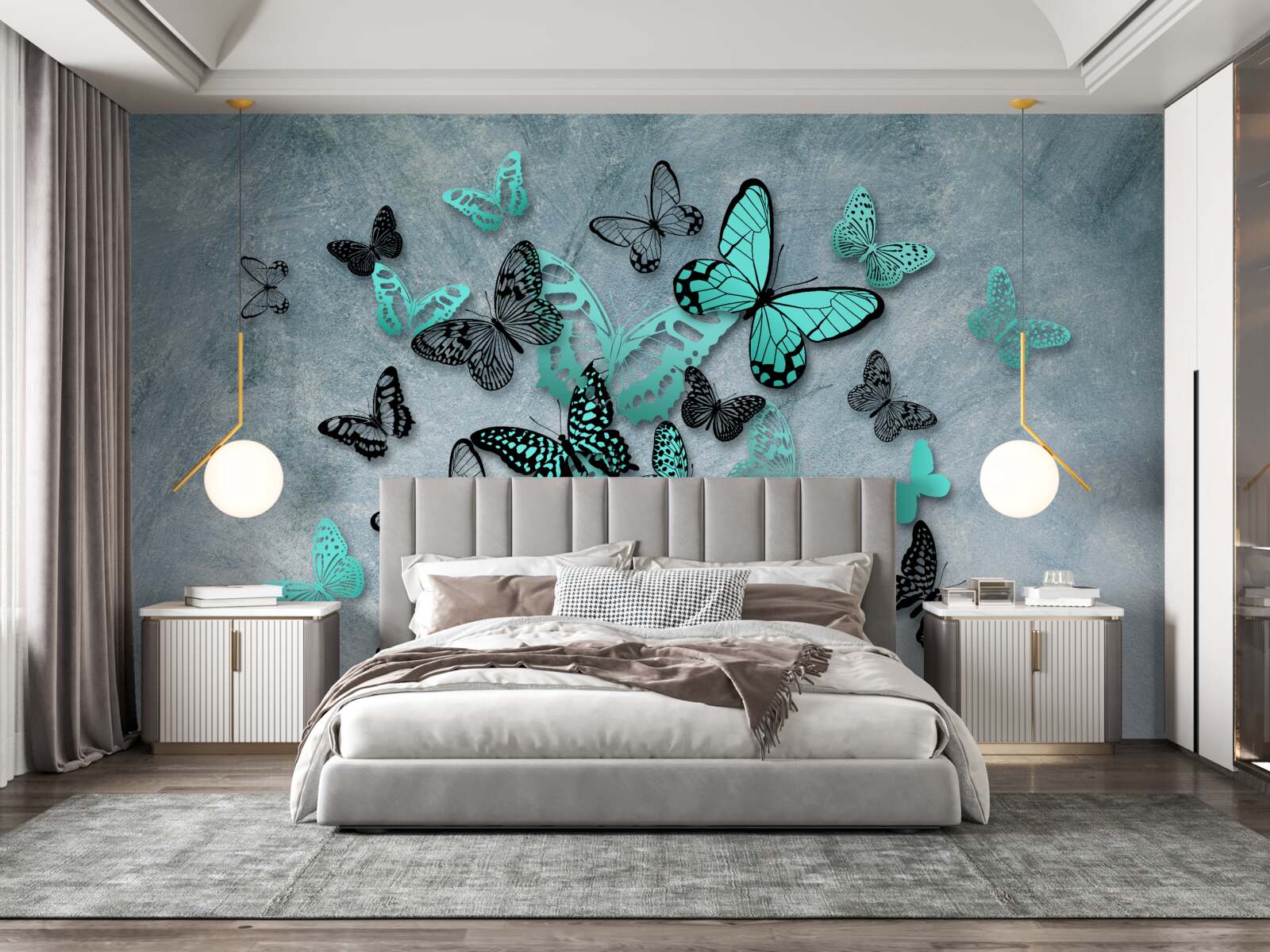 Fototapeta modré motýle na sivom pozadí