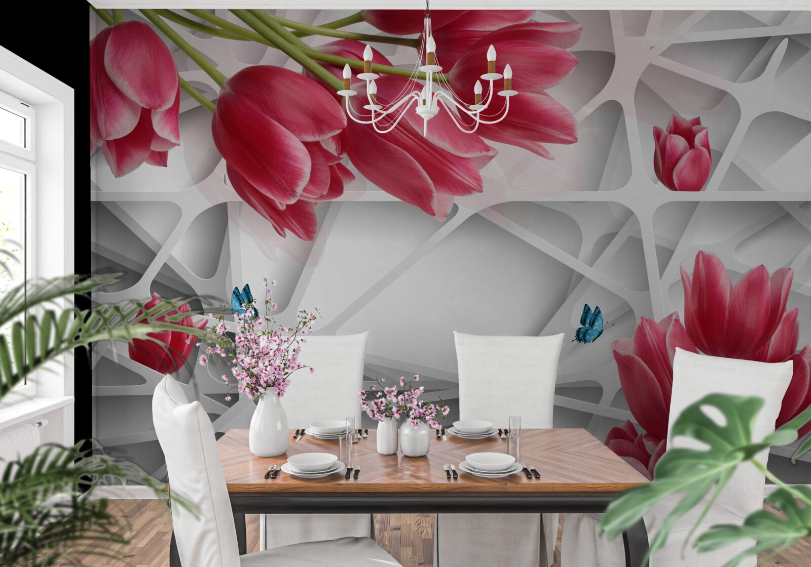 Fototapeta motýle a púčiky šarlátových tulipánov