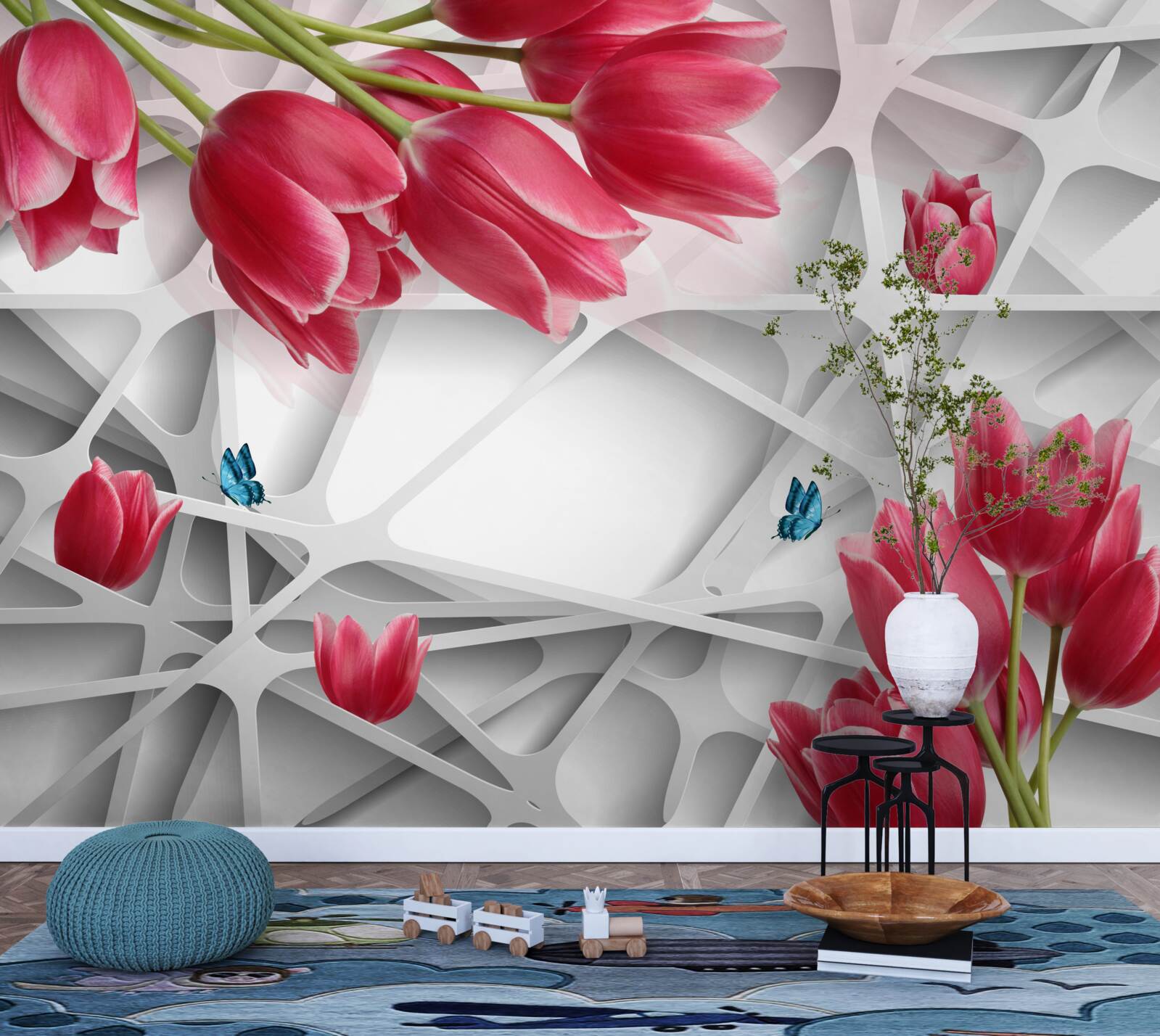 Fototapeta motýle a púčiky šarlátových tulipánov