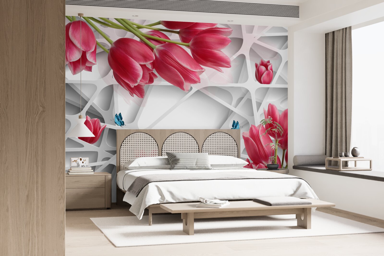 Fototapeta motýle a púčiky šarlátových tulipánov