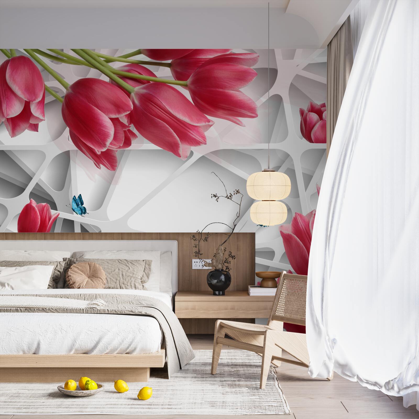 Fototapeta motýle a púčiky šarlátových tulipánov