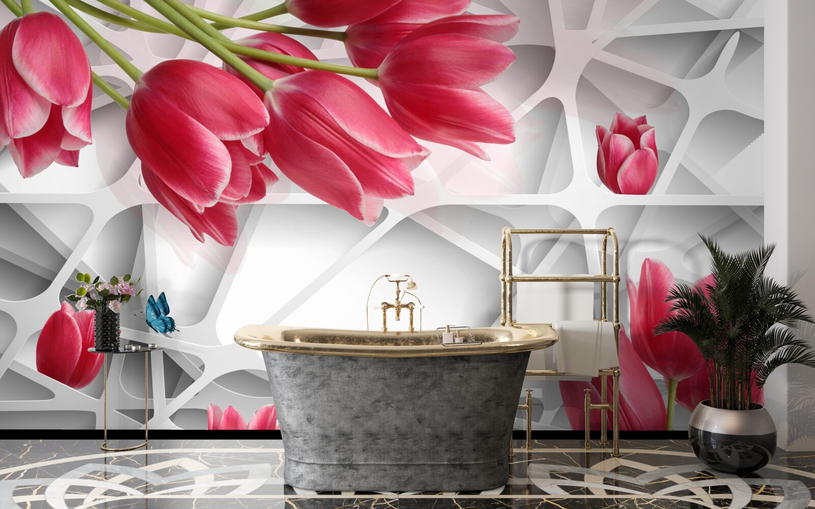 Fototapeta motýle a púčiky šarlátových tulipánov