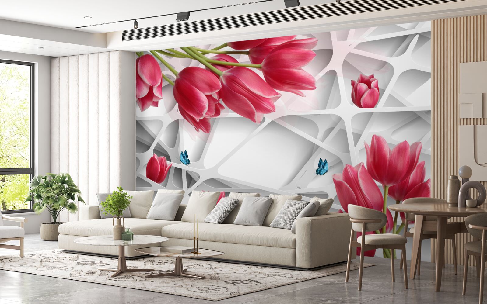 Fototapeta motýle a púčiky šarlátových tulipánov