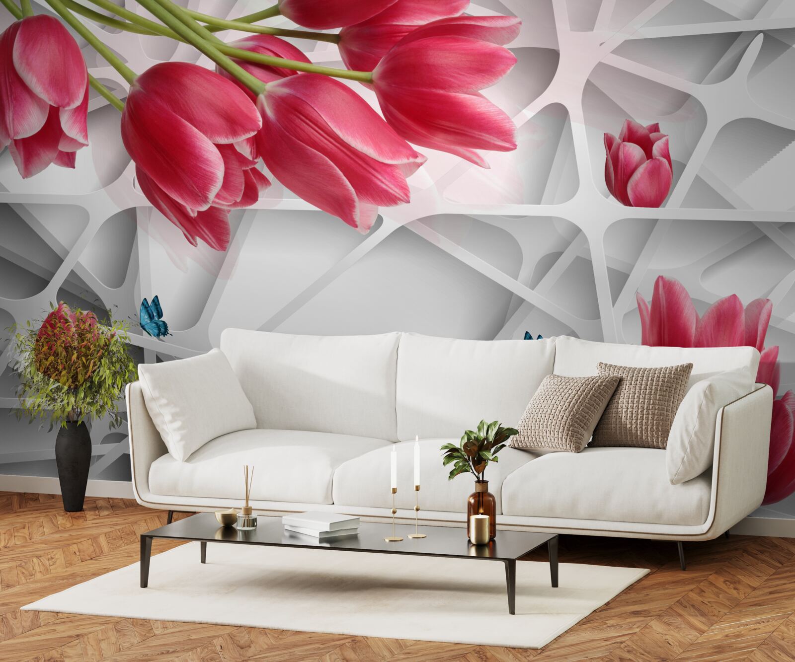 Fototapeta motýle a púčiky šarlátových tulipánov