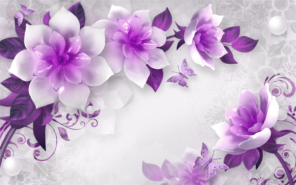 Fototapeta biely podklad je zdobený fialovými kvetmi