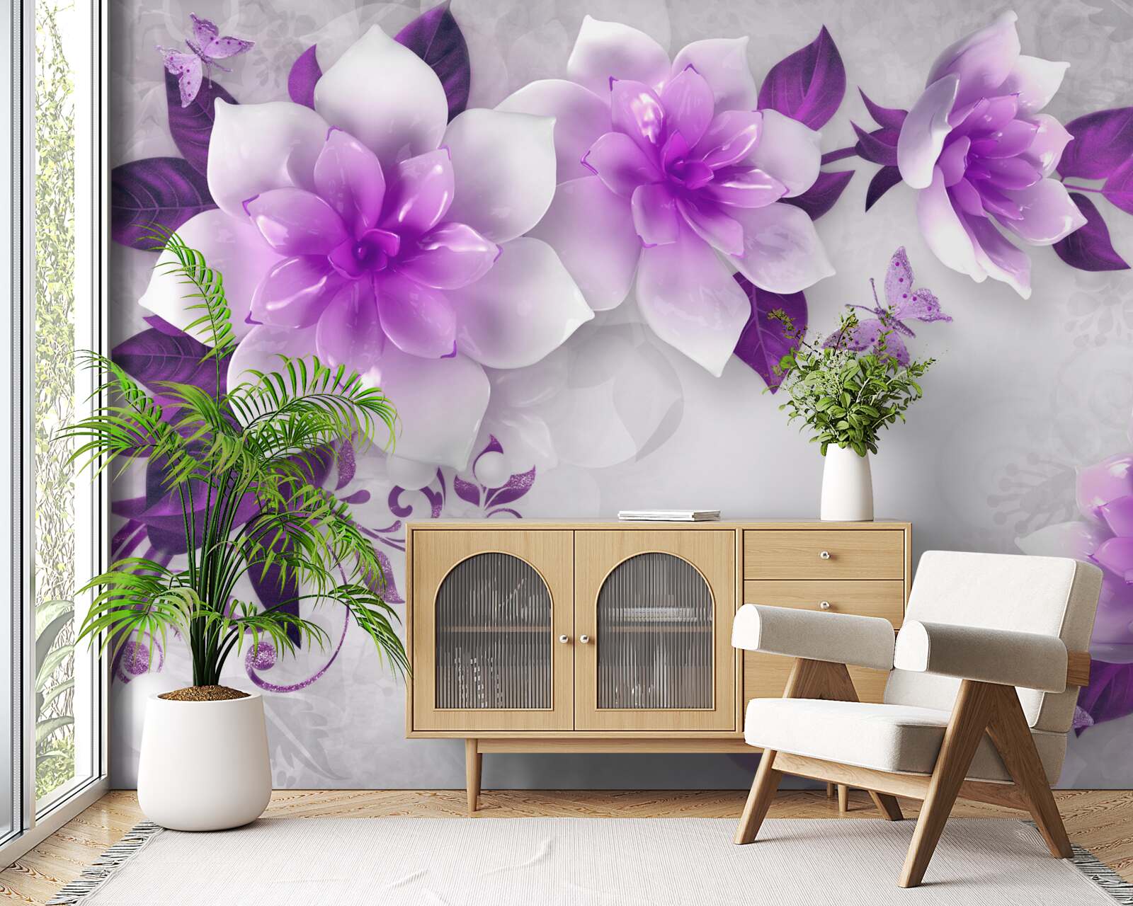 Fototapeta biely podklad je zdobený fialovými kvetmi