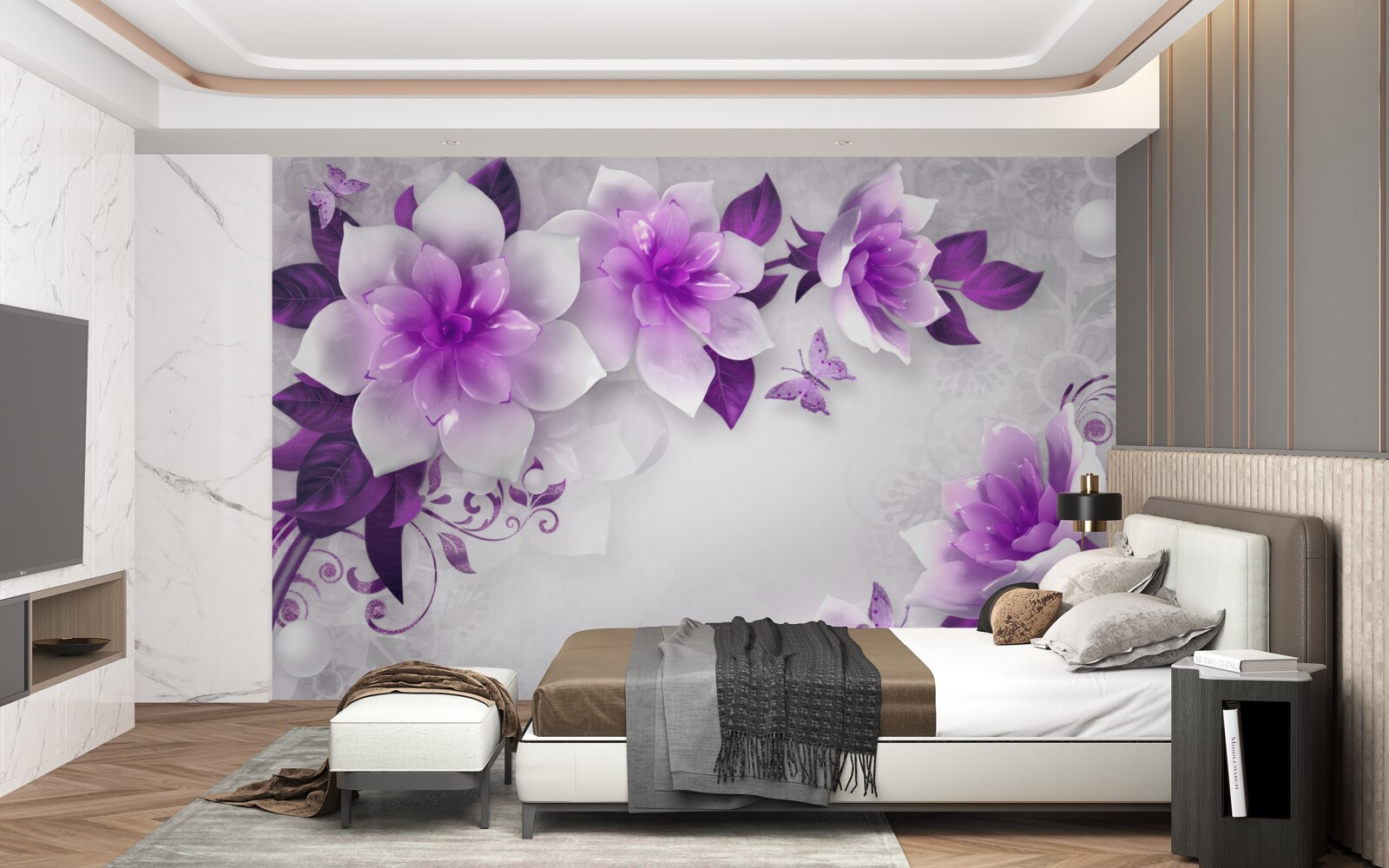 Fototapeta biely podklad je zdobený fialovými kvetmi