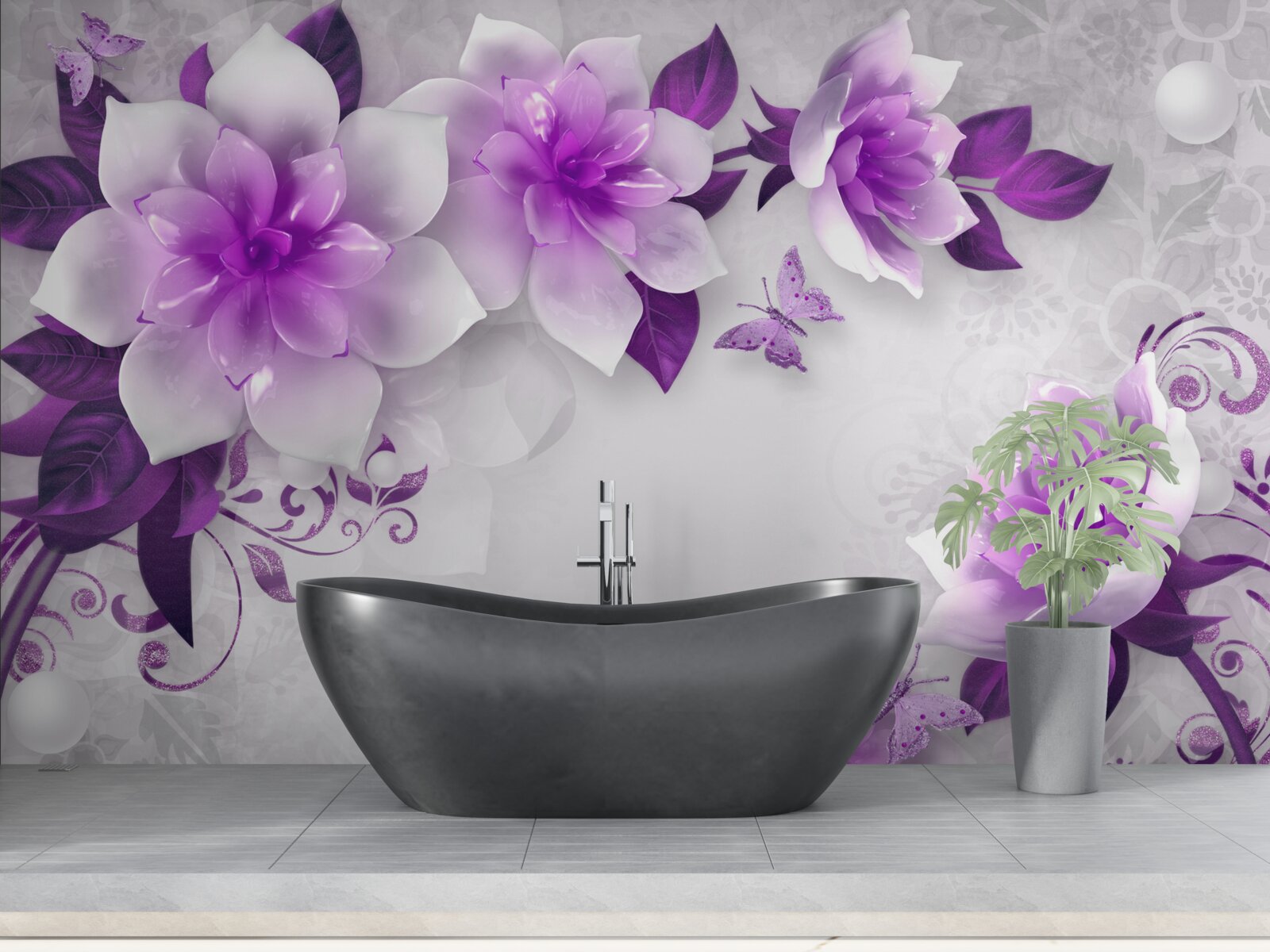 Fototapeta biely podklad je zdobený fialovými kvetmi