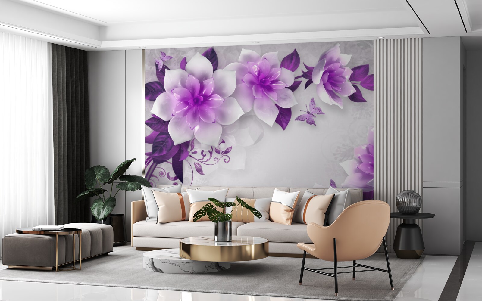 Fototapeta biely podklad je zdobený fialovými kvetmi