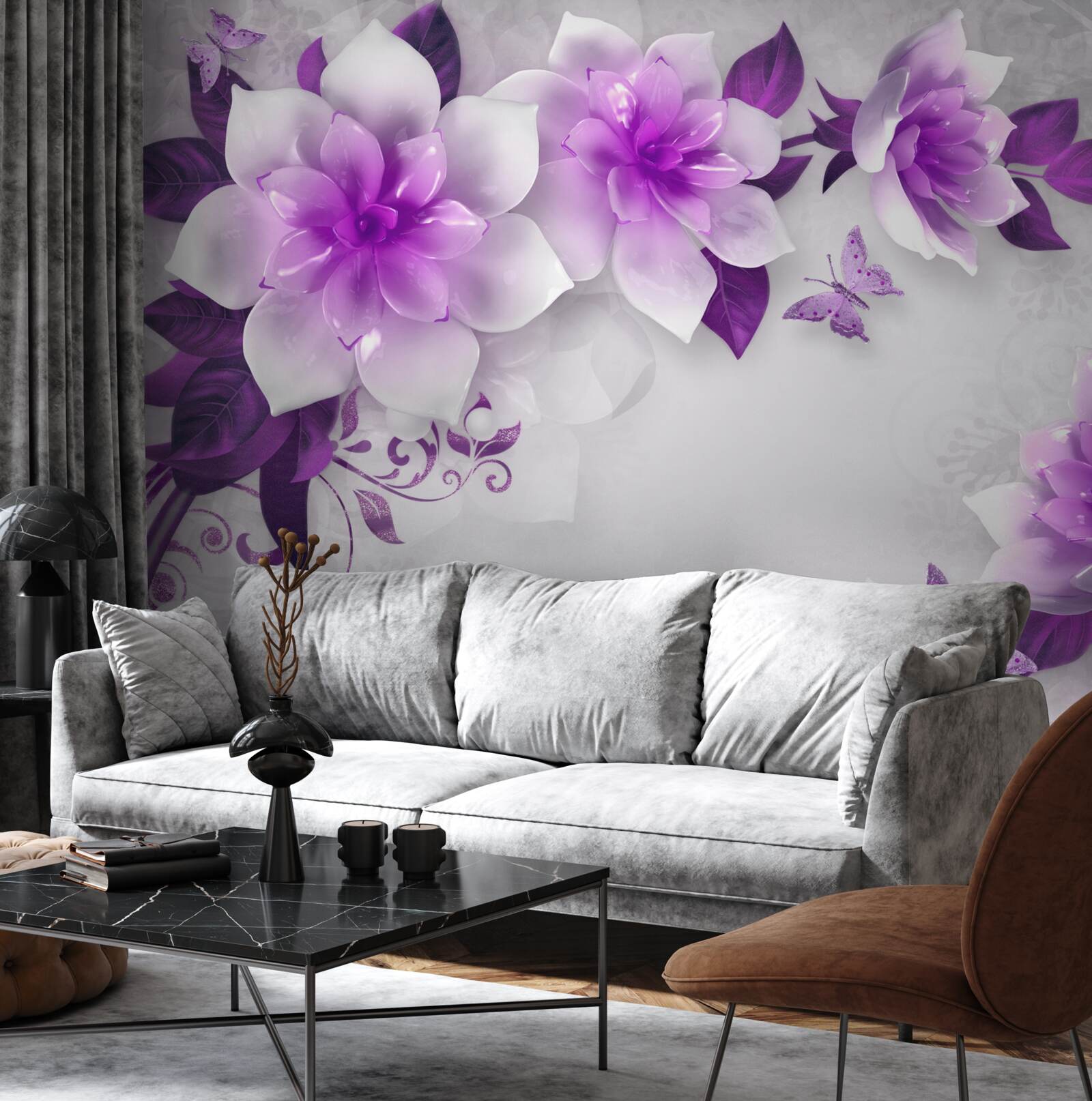Fototapeta biely podklad je zdobený fialovými kvetmi