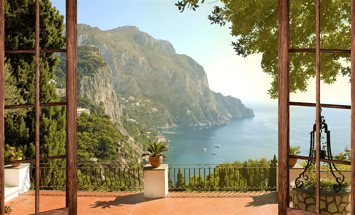 Fototapeta výhľad na more a hory priamo z balkóna