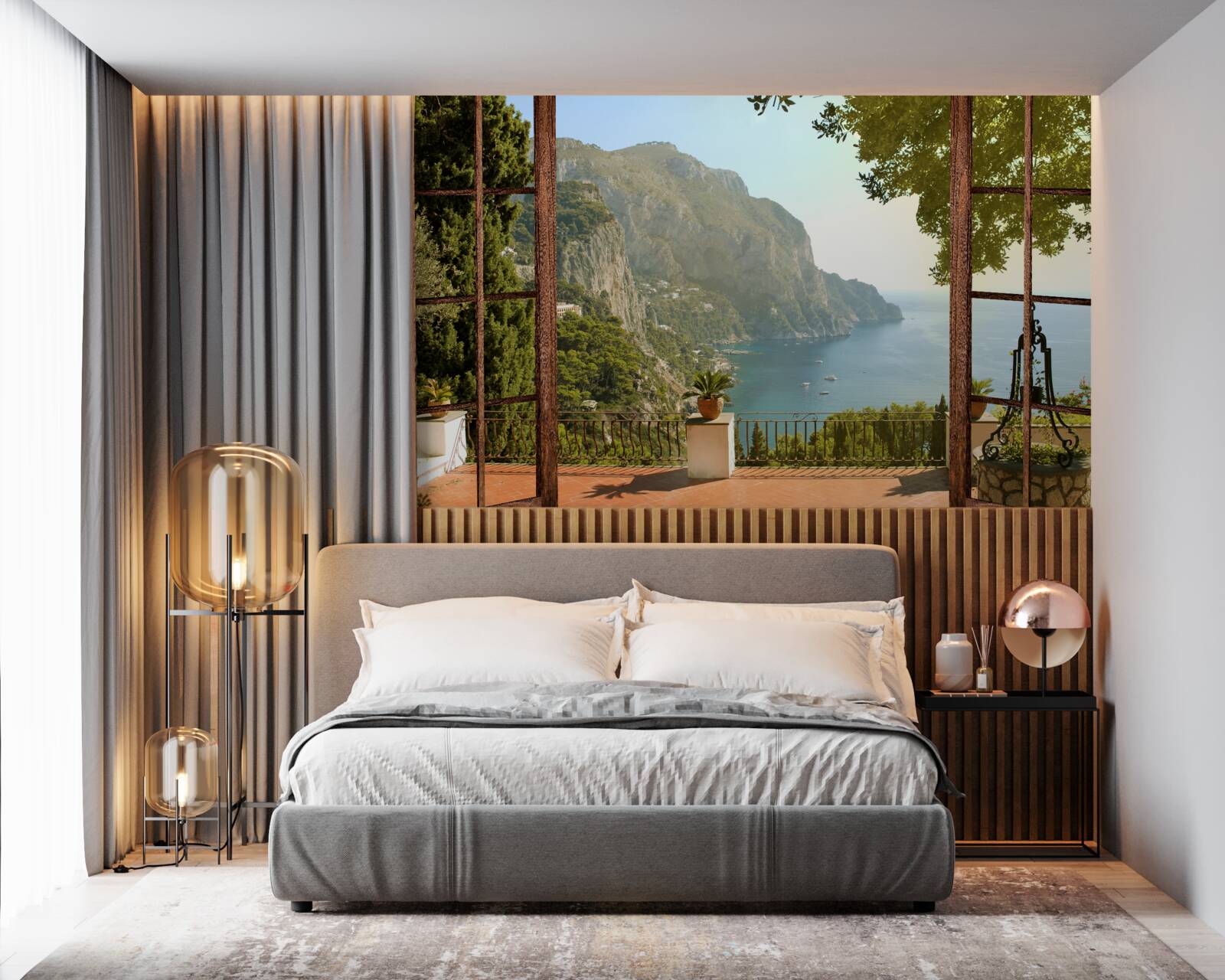 Fototapeta výhľad na more a hory priamo z balkóna