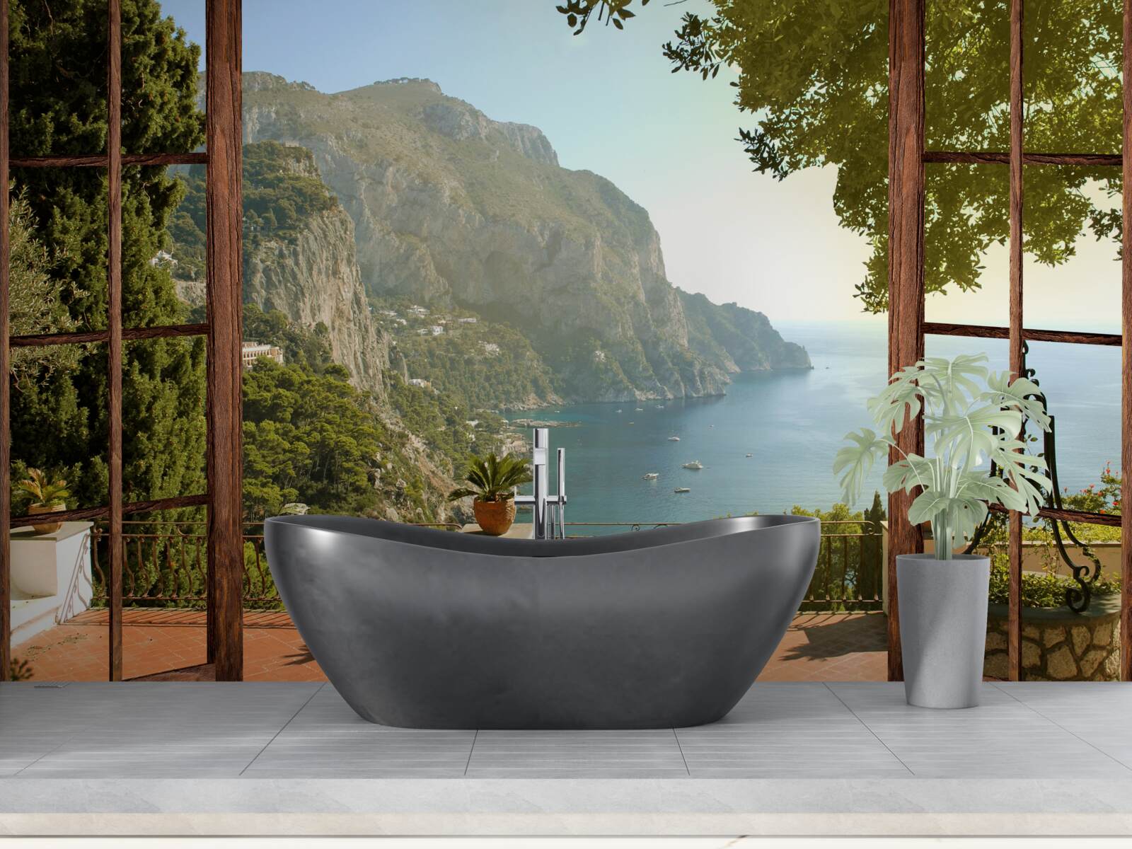 Fototapeta výhľad na more a hory priamo z balkóna