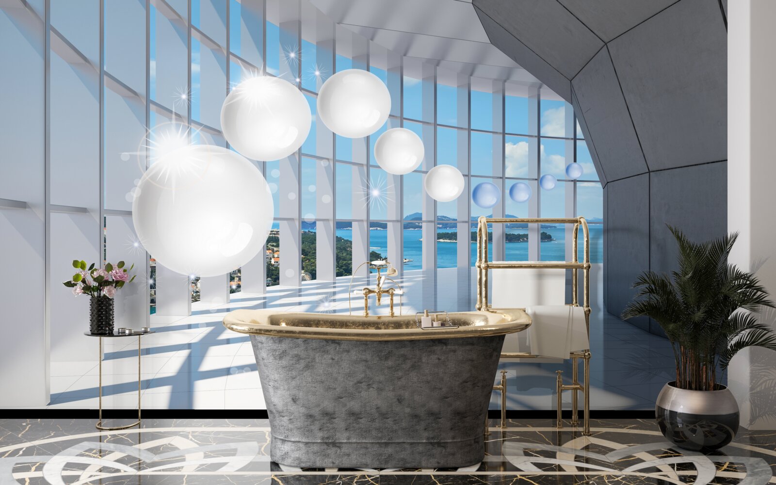 Fototapeta biele gule letia do tunela proti oblohe