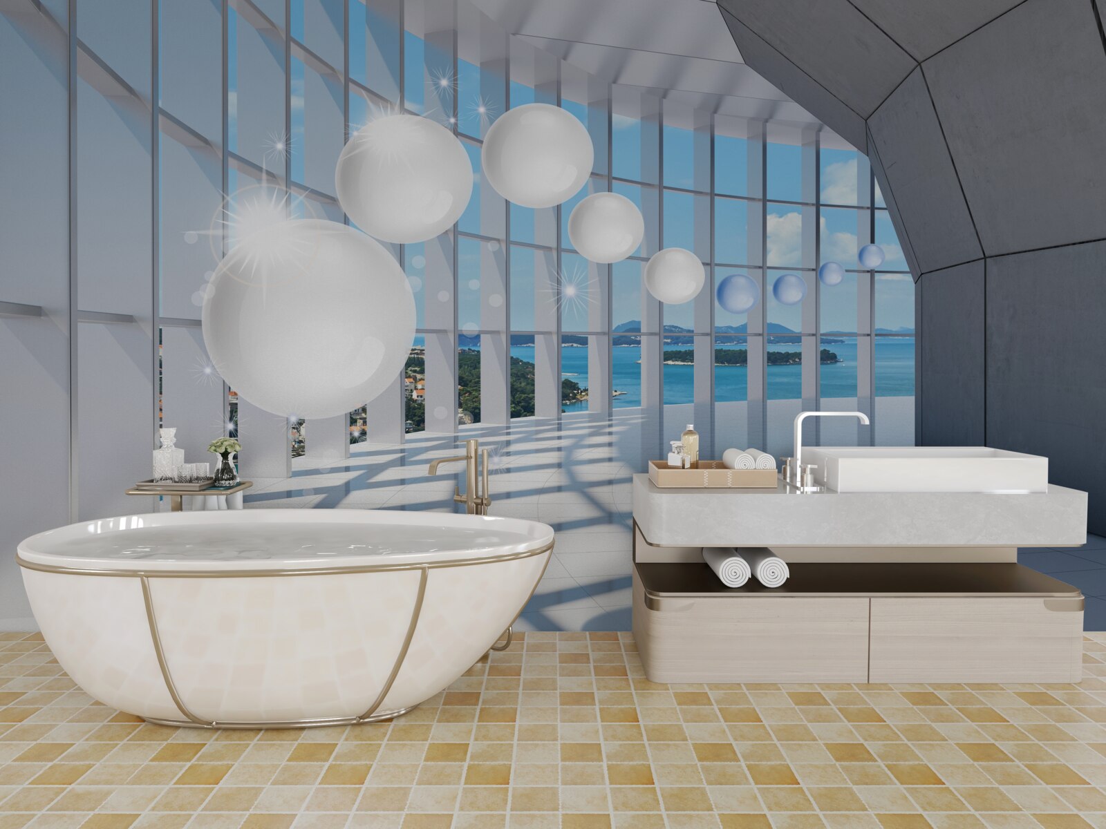 Fototapeta biele gule letia do tunela proti oblohe