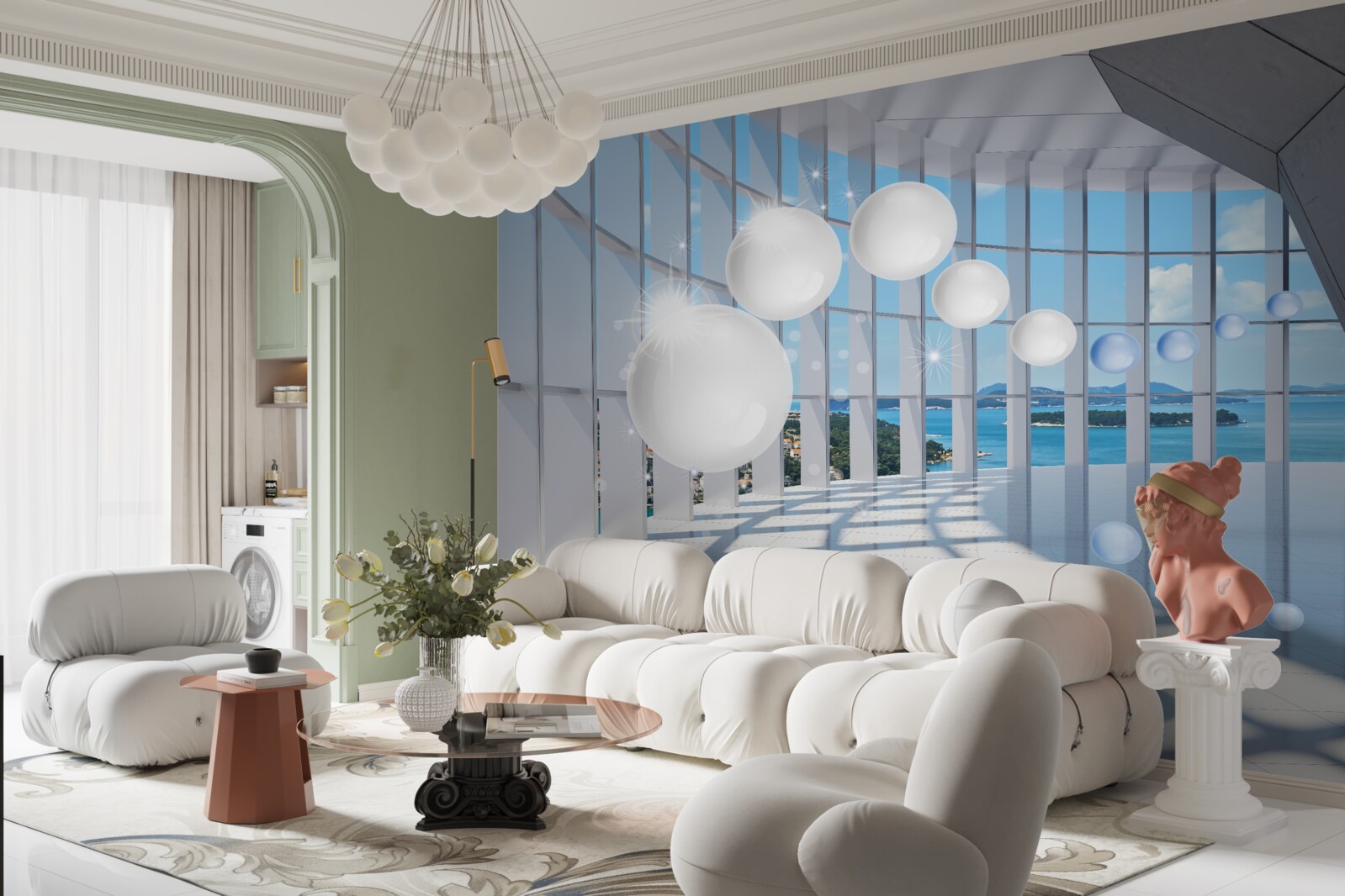 Fototapeta biele gule letia do tunela proti oblohe