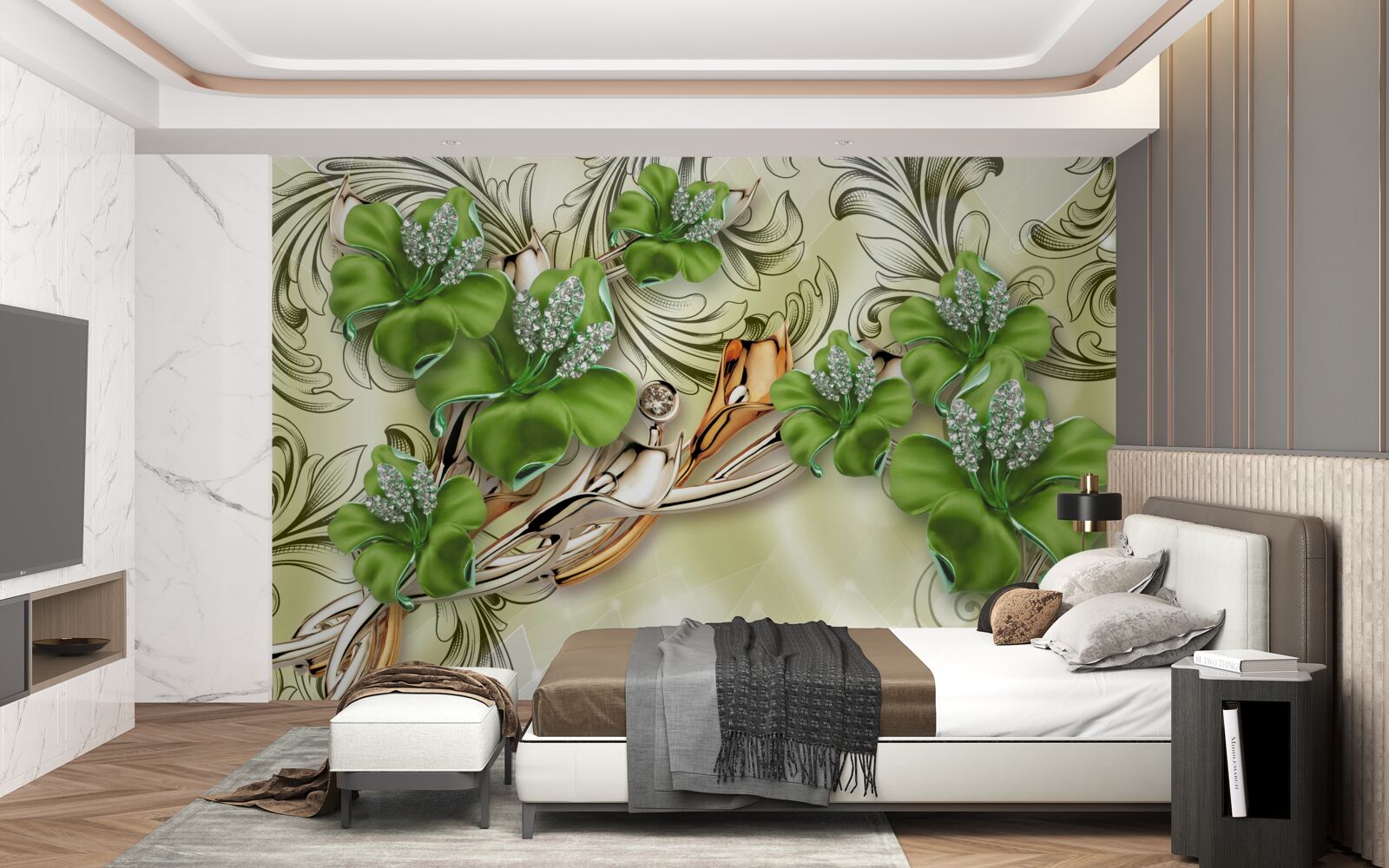 Fototapeta zelené púčiky kvitnú na zlatých hodvábnych vetvách