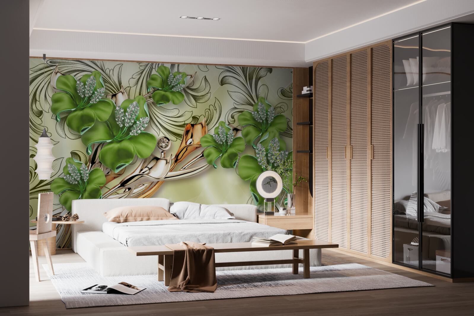 Fototapeta zelené púčiky kvitnú na zlatých hodvábnych vetvách