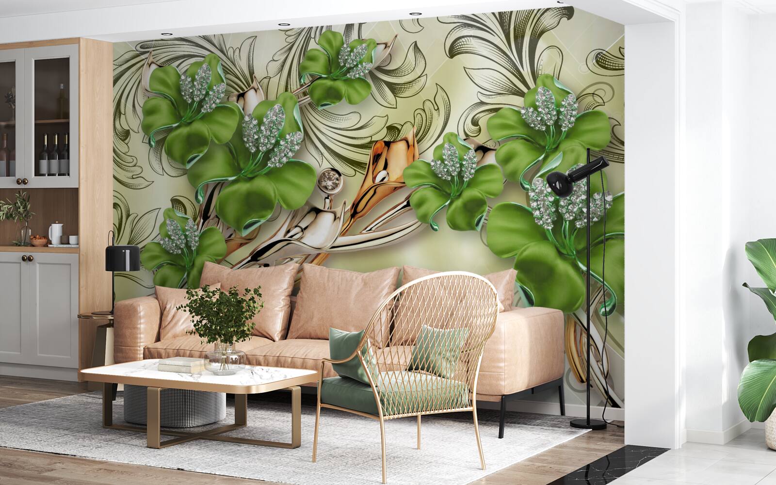 Fototapeta zelené púčiky kvitnú na zlatých hodvábnych vetvách