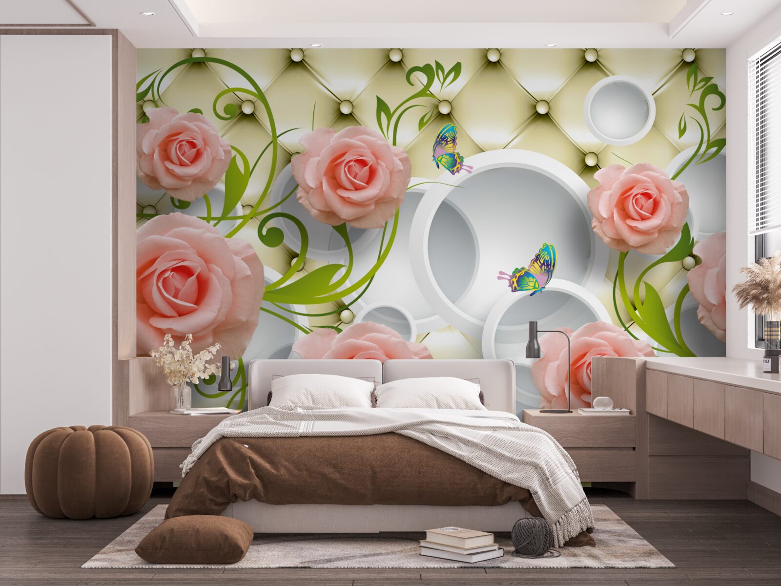 Fototapeta motýle a ruže v ružovej farbe