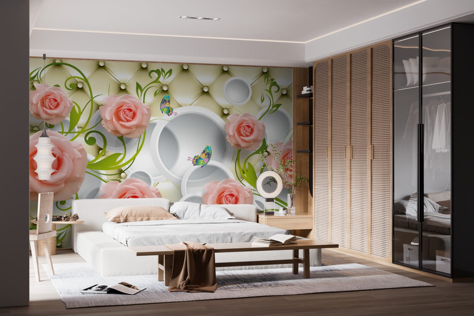 Fototapeta motýle a ruže v ružovej farbe