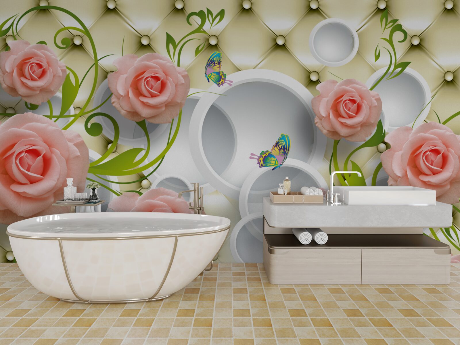 Fototapeta motýle a ruže v ružovej farbe