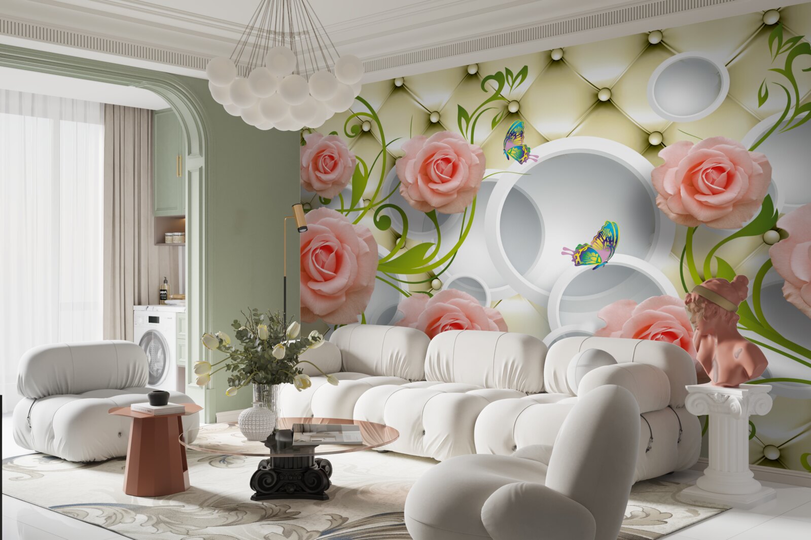 Fototapeta motýle a ruže v ružovej farbe