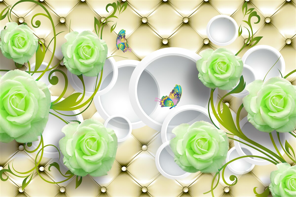 Fototapeta ruža je biela a zelená s prvkami zlata a perál