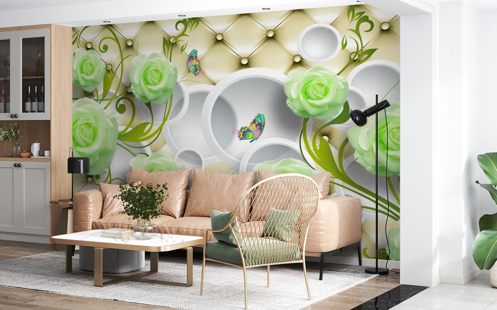 Fototapeta ruža je biela a zelená s prvkami zlata a perál