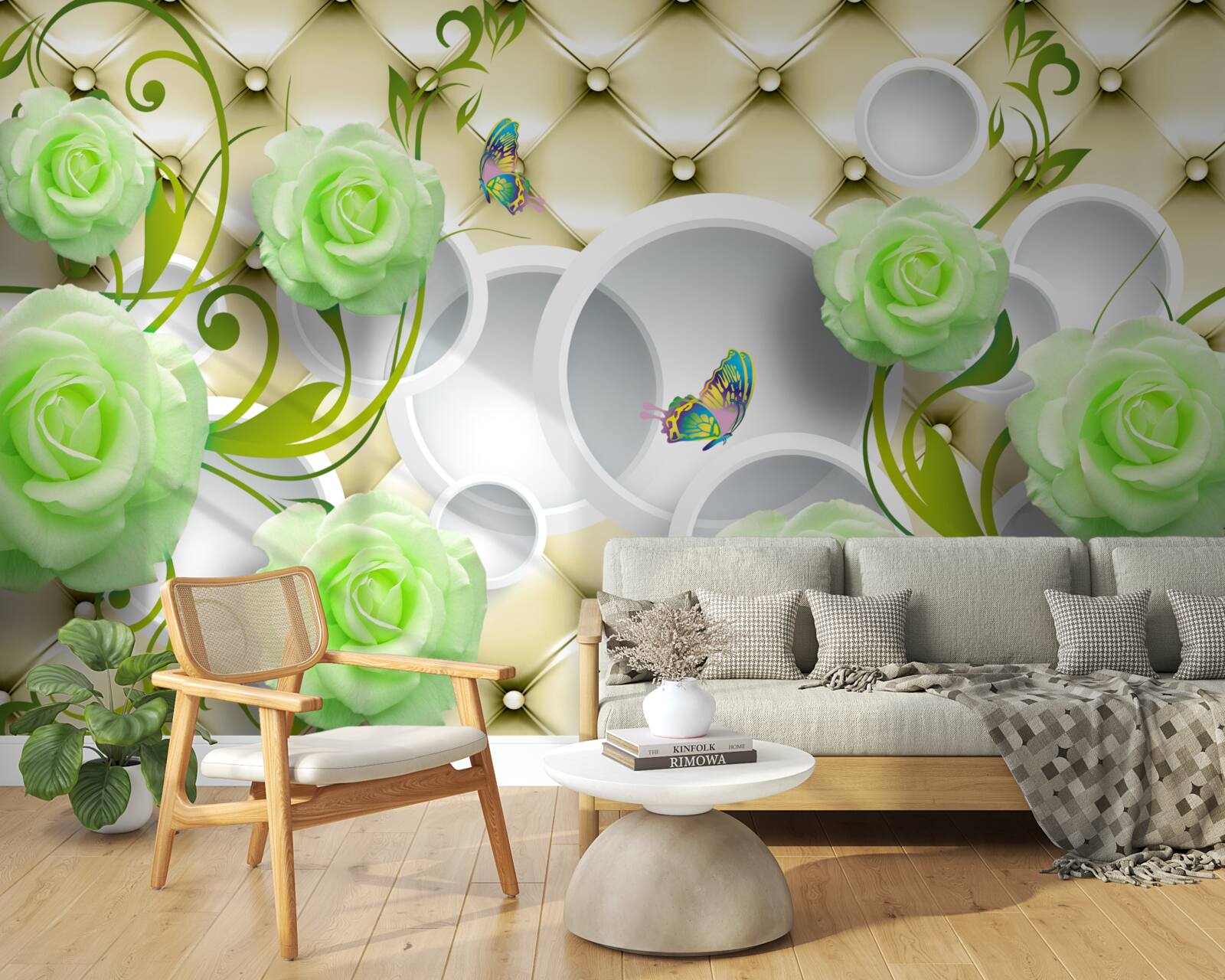 Fototapeta ruža je biela a zelená s prvkami zlata a perál