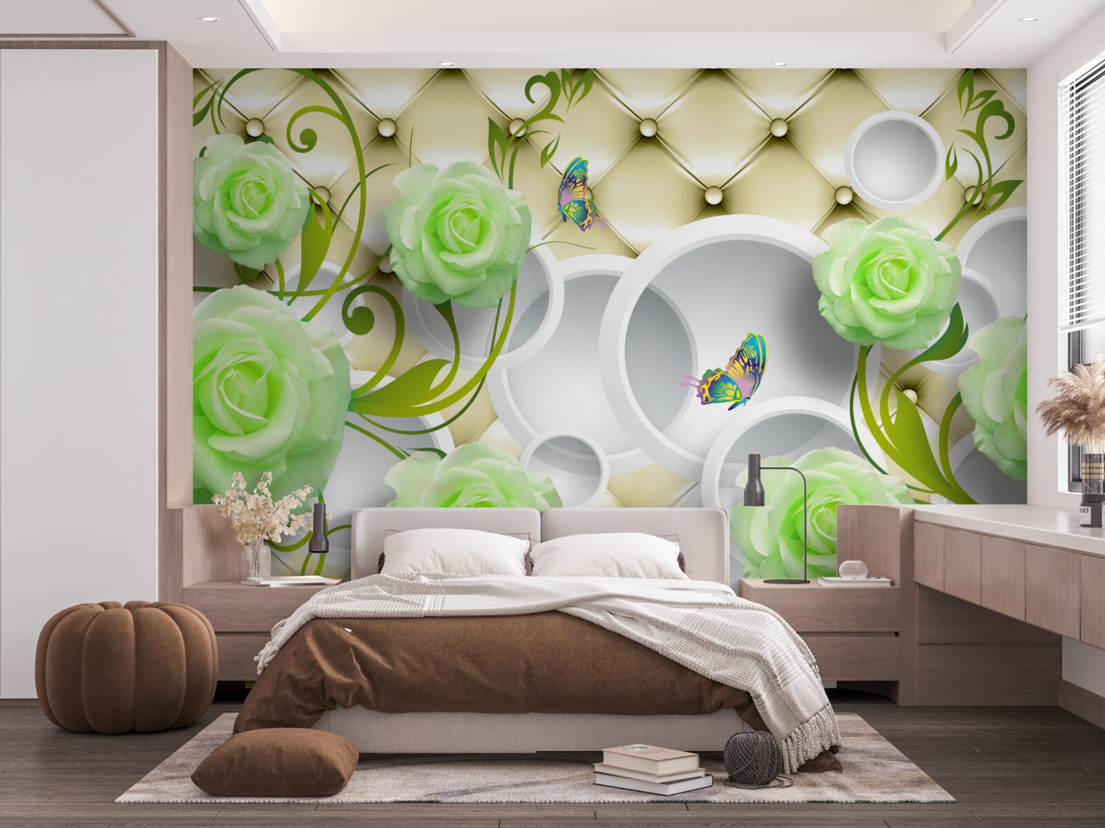 Fototapeta ruža je biela a zelená s prvkami zlata a perál