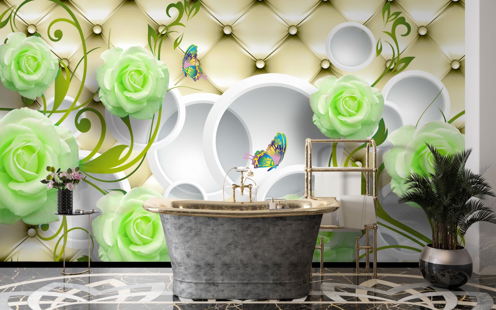 Fototapeta ruža je biela a zelená s prvkami zlata a perál