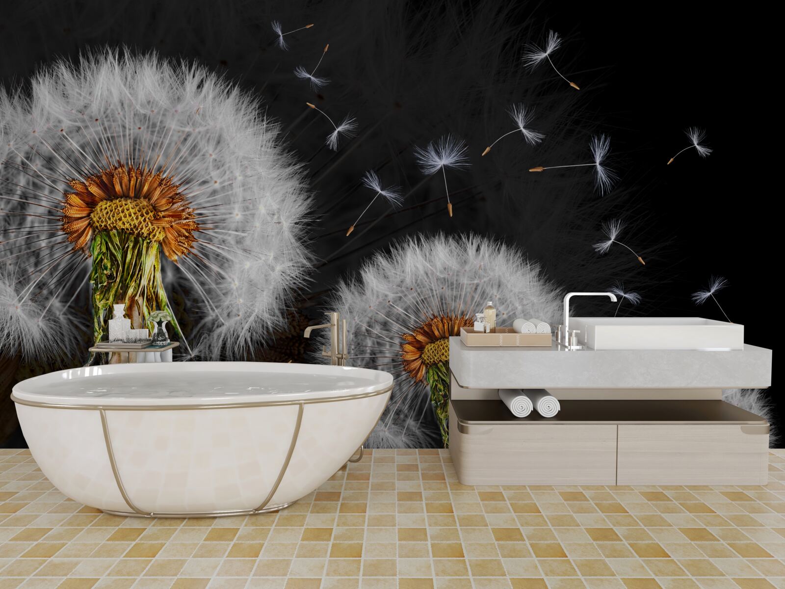 Fototapeta rastúce, roztrúsené okvetné lístky púpavy