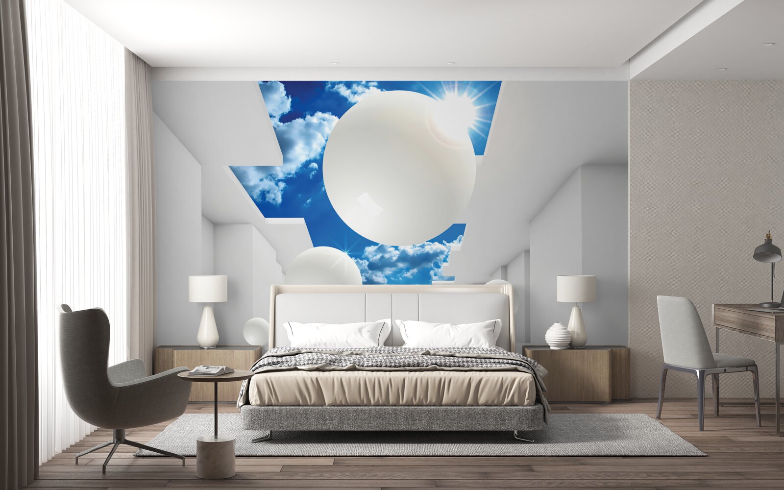 Fototapeta veľké biele gule na pozadí oblohy a slnka