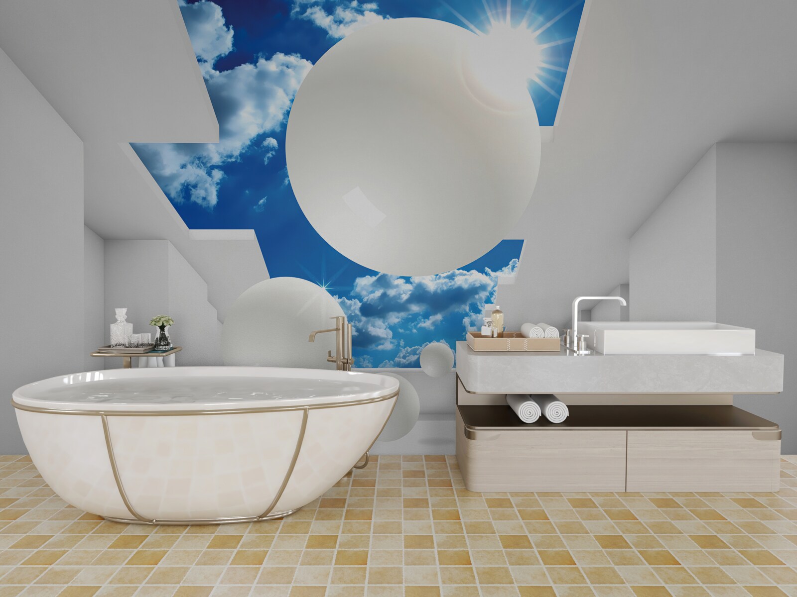 Fototapeta veľké biele gule na pozadí oblohy a slnka