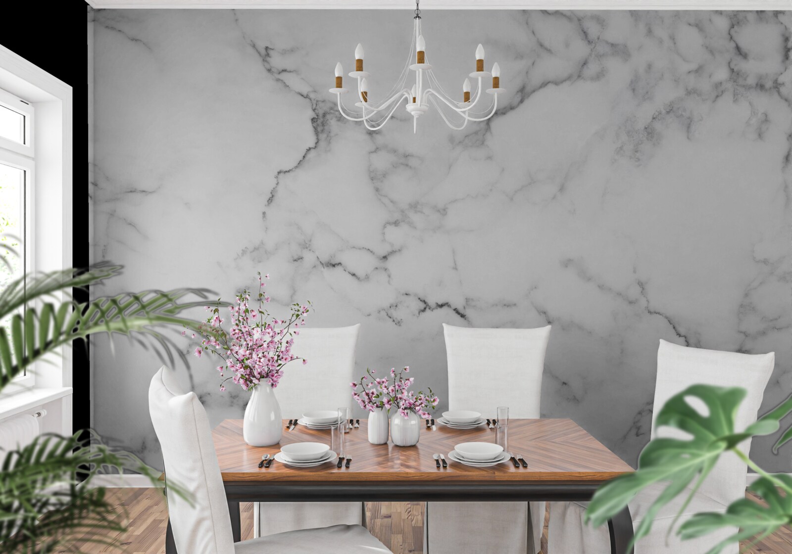 Fototapeta biely mramor s čiernymi vzormi