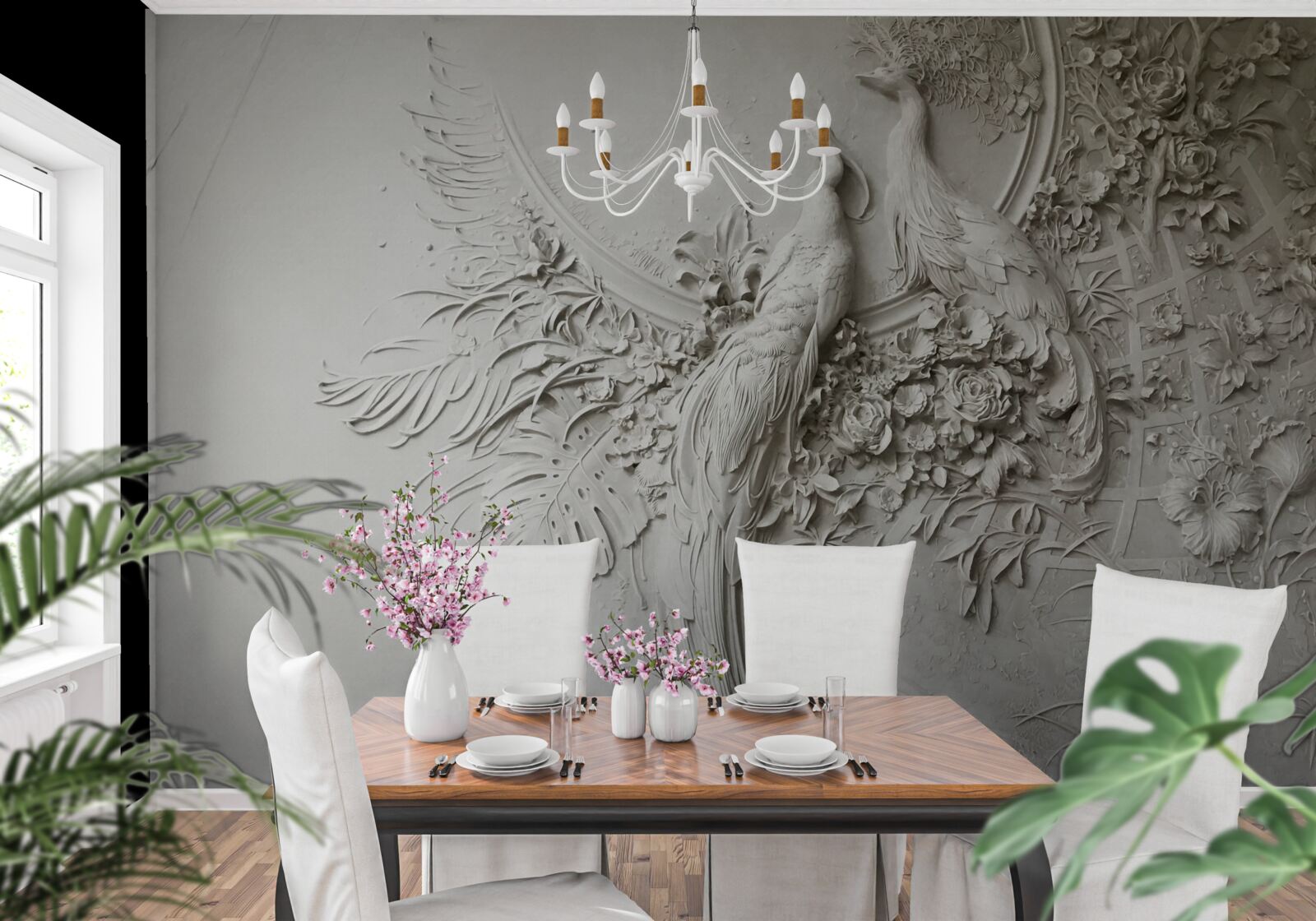 Fototapeta rodina pávov na strome v plnom kvete