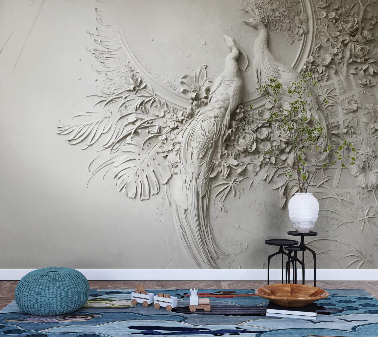 Fototapeta rodina pávov na strome v plnom kvete