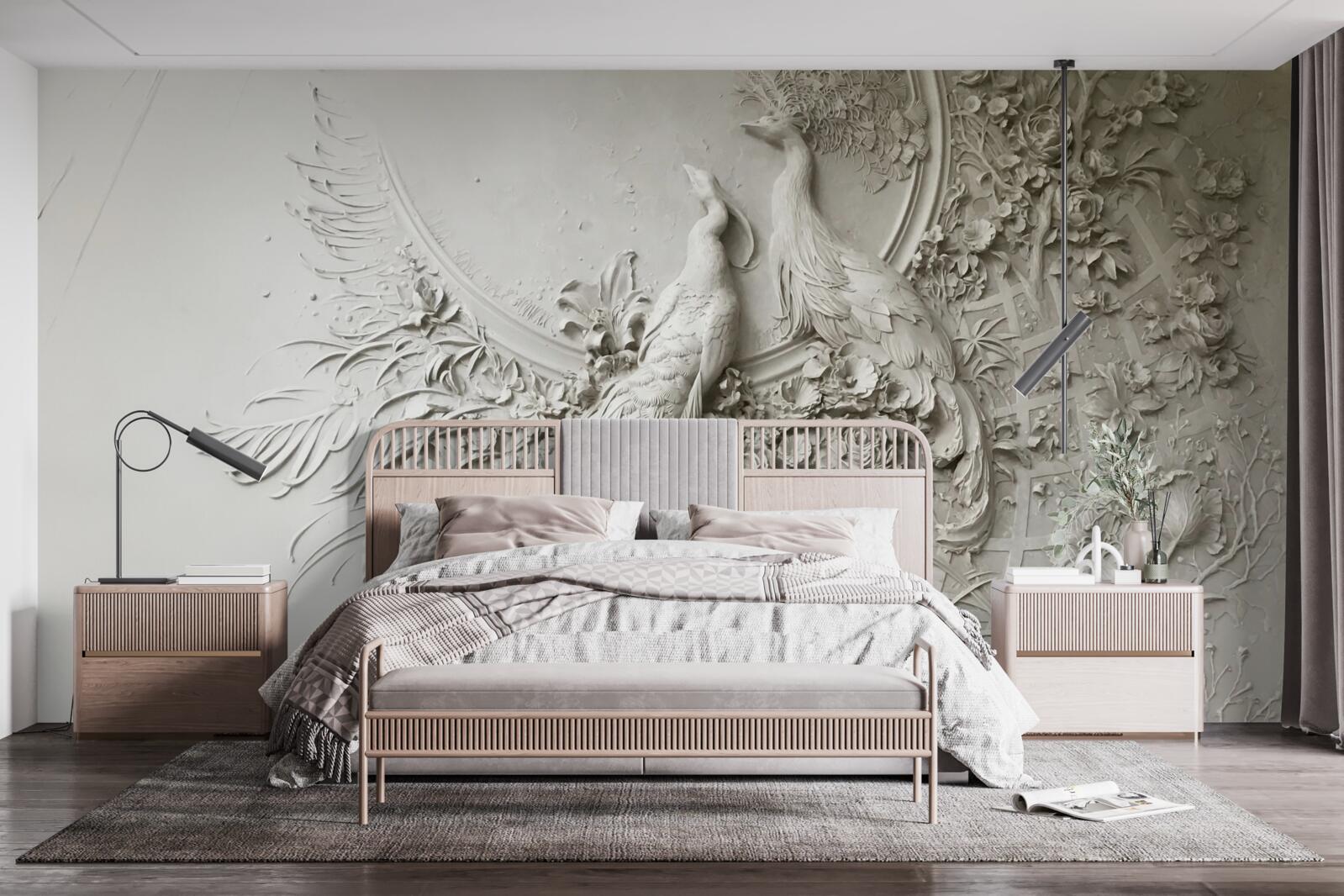 Fototapeta rodina pávov na strome v plnom kvete