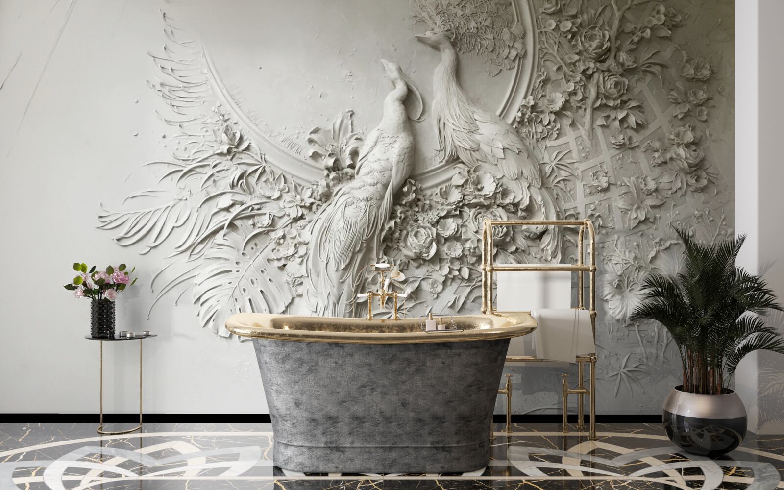 Fototapeta rodina pávov na strome v plnom kvete